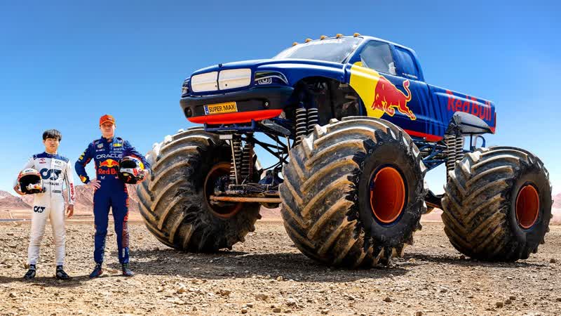 F1 Drivers Race HUGE Mega Trucks ( Max Verstappen vs Yuki