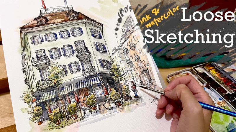 Sketching a street scene in Zurich with ink and watercolor, Balance is the