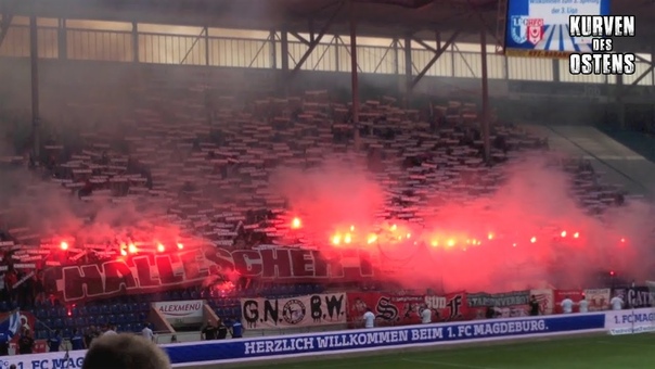 1. FC Magdeburg 2:1 Hallescher FC , Choreo, Pyro